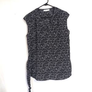 Liz Claiborne Black Hatch Print Sleeveless Blouse Removable Tie Waist Size Med